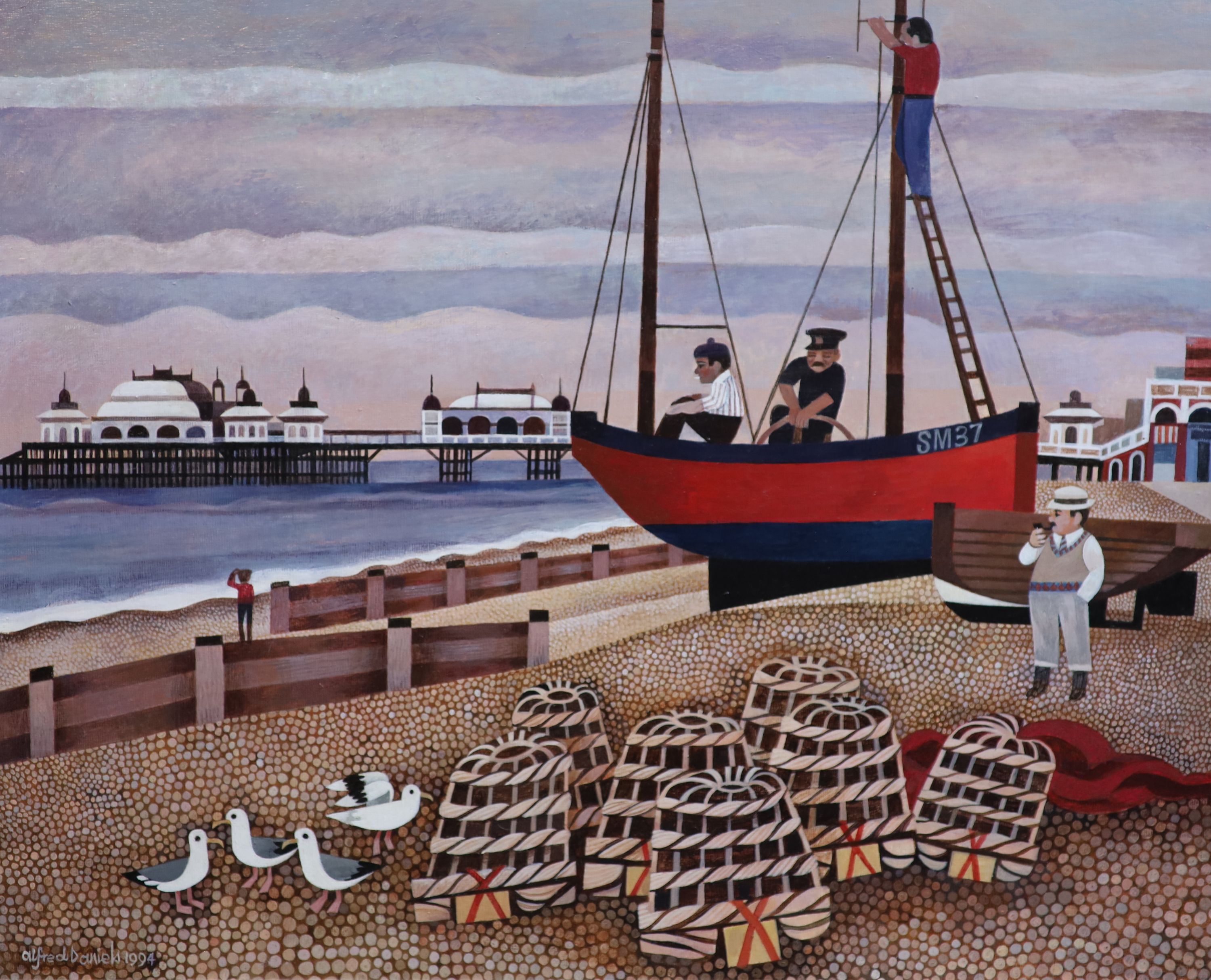 Alfred Daniels (1924-2015), Brighton seafront with fishermen and the WEST pier, Acrylic on board, 49 x 60 cm.